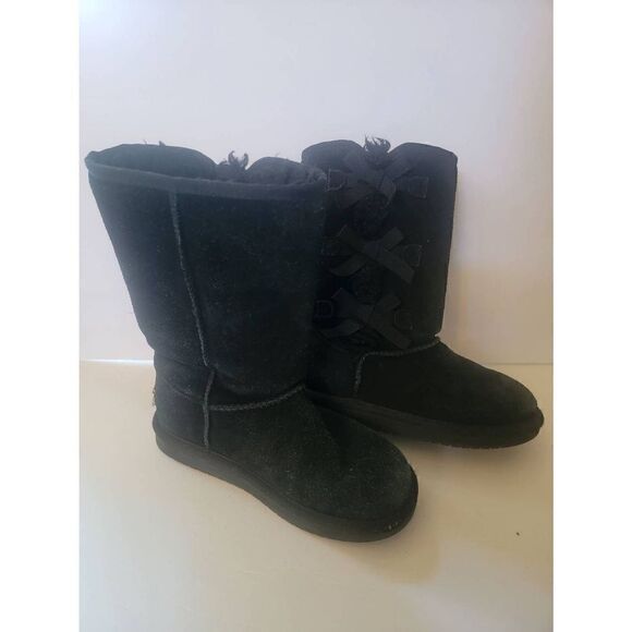 Koolaburra By Ugg Girl's Black Suede Leather Bow Winter Boots Size 1 - Picture 2 of 6
